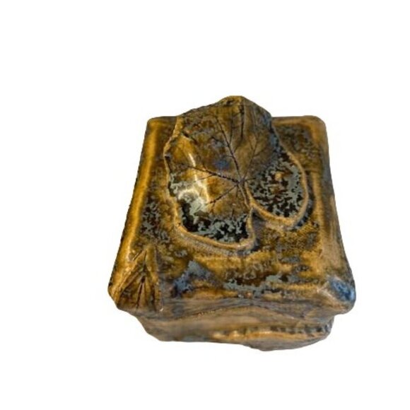 Handcrafted Ceramic Trinket Box With Leaf Detail In Golden Bronze Finish 6" x 5" - Picture 8 of 13